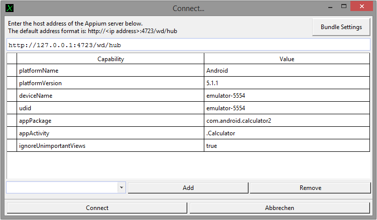 Datei:Appium connect dialog bundle settings.png