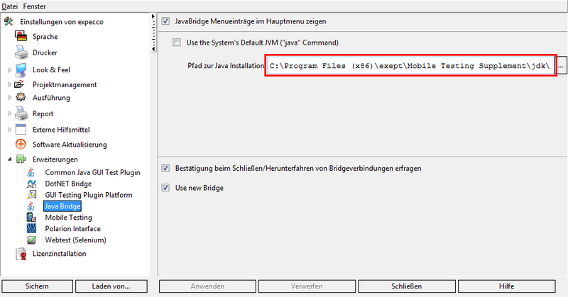 Datei:MobileTestingJavaBridgeEinstellungen.png