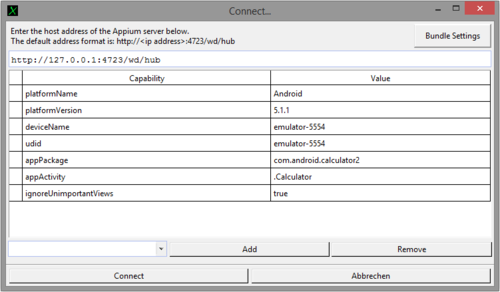 Appium connect dialog bundle settings.png